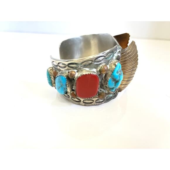Signed Jewelry - Vintage Native American Silver/Brass Tone Blue Turquoise Watch Cuff Bracelets(2)